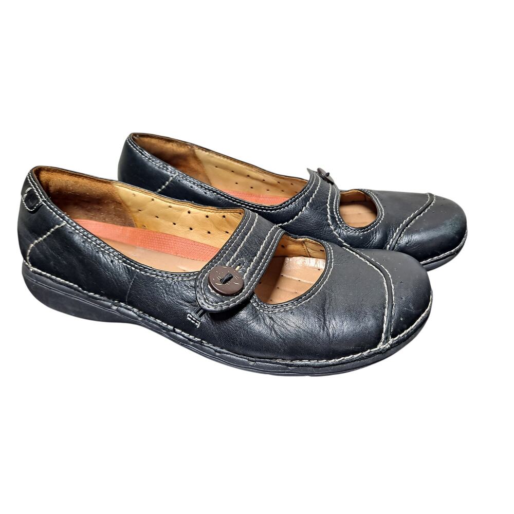 Clarks Women's 10N Mary Jane Loafers Flat Heel Black Leather 85173